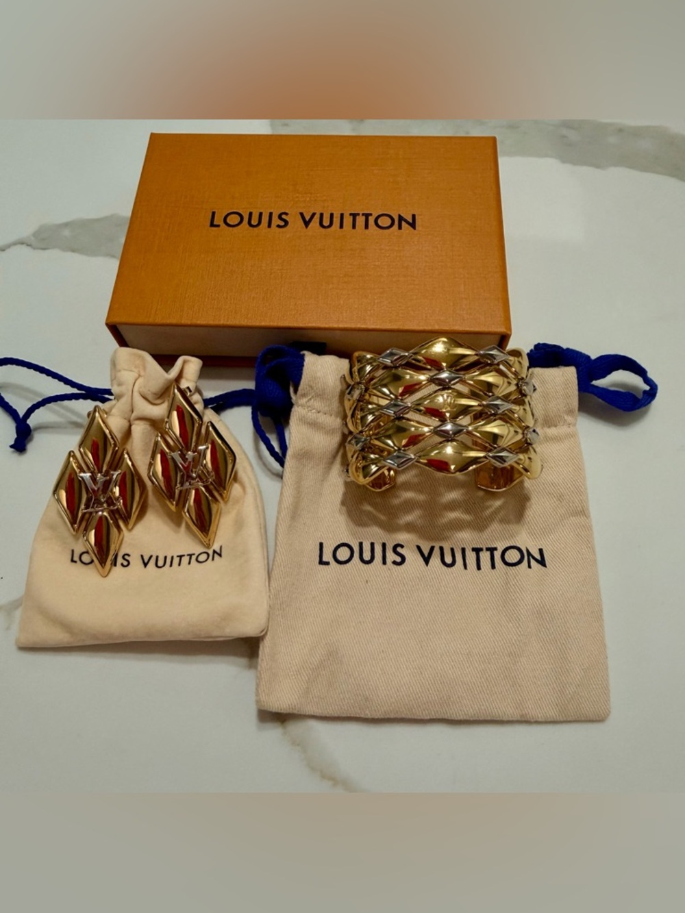 LV Gold Jewelry Set LV Go 14 Earrings + Malletage Cuff Bracelet Like New